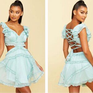 V-NECK RUFFLE CUT-OUT BACK TIE-UP DRESS "LUXXEL"